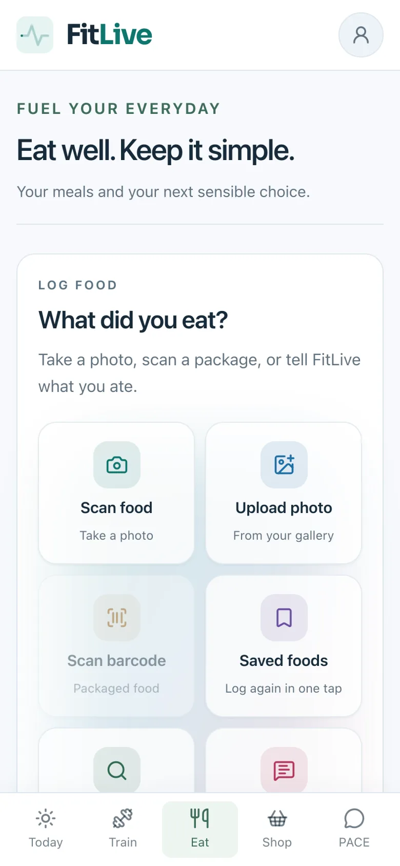 FitLive Eat: log food from a photo, a barcode or saved foods