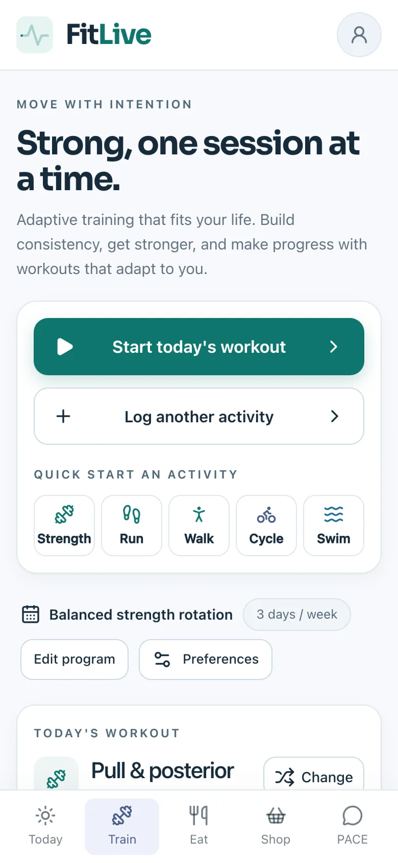 FitLive Train: today's workout and quick-start activities